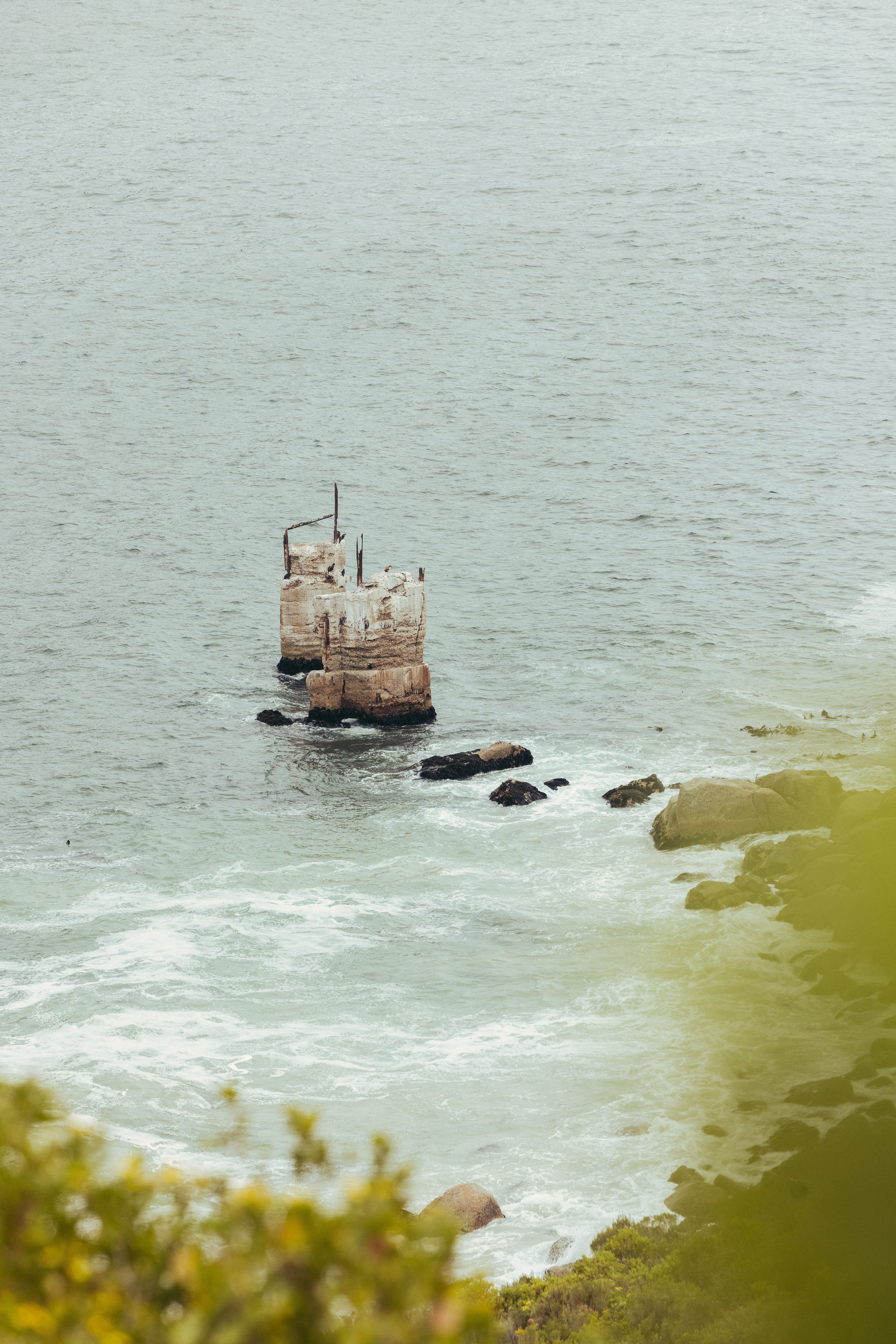 ocean with a some voliage and a small ruin